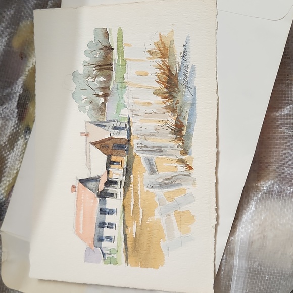 Jeanne Down Watercolor "Unfinished" 7.5" x 11" Pencil Marks Fence and Houses - Picture 1 of 4